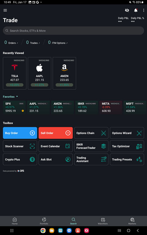 The trade menu on the Android Tablet. 